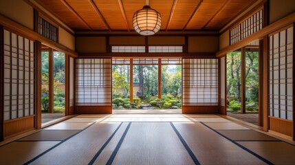 Obraz premium Traditional Japanese room with tatami and garden visible through sliding doors. Useful for articles on interior design and culture.
