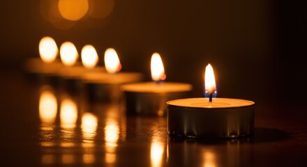 Serene Glow: A Row of Burning Candles Illuminates a Dark Room, Creating a Peaceful and Reflective Atmosphere