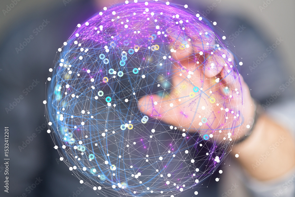 Fototapete Abstract image of a hand interacting with a glowing digital sphere representing global network connections and data.