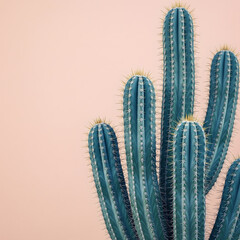 Several tall, spiny blue cacti stand vibrantly against a soft, plain pink background, creating a modern, minimalist composition. Generative AI.