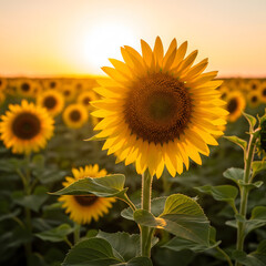 A large, radiant yellow sunflower stands prominently in the foreground, with a soft, golden sunset illuminating a blurred field behind it. Generative AI.