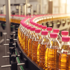 Rows of clear bottles with pink caps filled with amber liquid move along a production line in a sunlit factory setting. Generative AI.