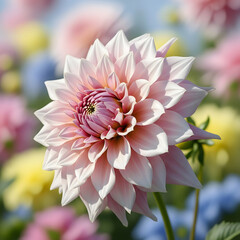 A beautiful, light pink dahlia flower with intricate petals blooms brightly in a soft-focus garden of colorful blossoms. Generative AI.
