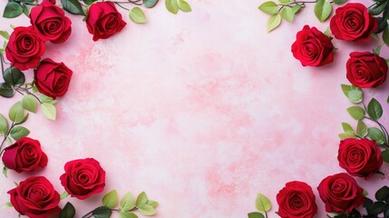 Romantic Floral Frame with Red Roses and Pastel Pink Background for Valentine's Day or Wedding