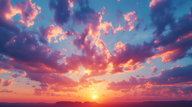 Amazing dramatic colorful sunset sky over Ayers Rock in Uluru-Kata Tjuta National Park - at Living Cultural Landscape, Australia