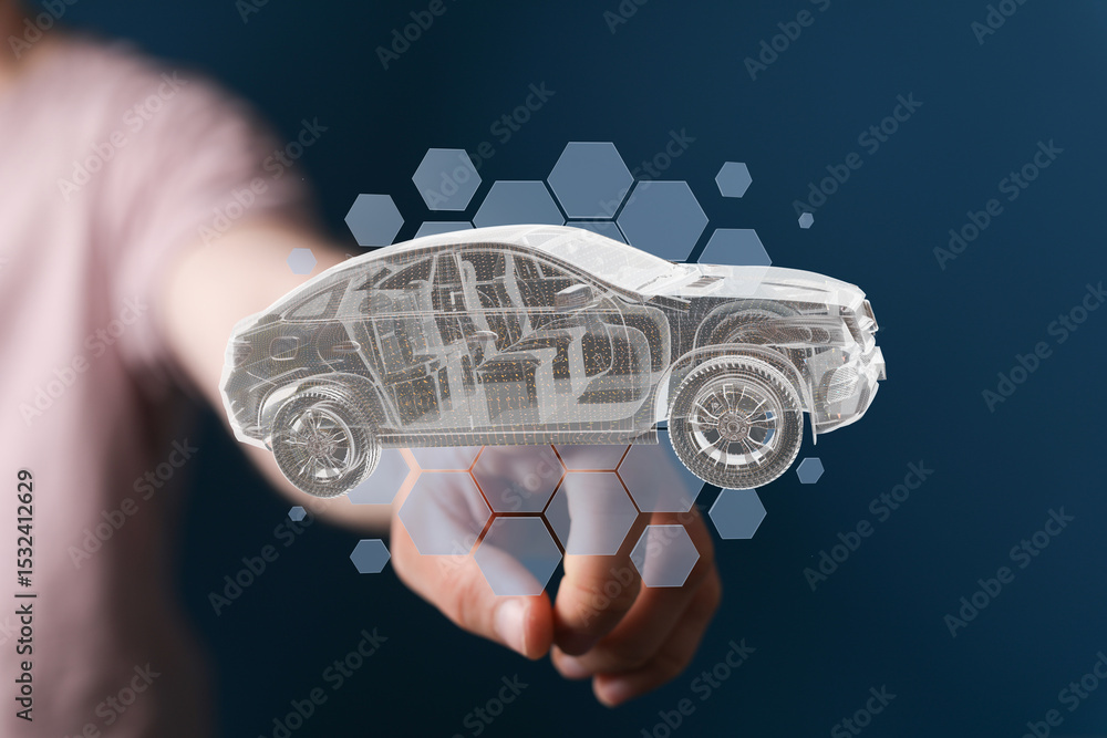 Poster innovative digital car design. future of automotive technology. 3d modeling and innovation.