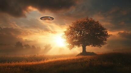 Fototapeta premium Majestic Sunset Over a Fields with an Enigmatic UFO Hovering Above a Solitary Tree Surrounded by Lush Greenery and Misty Atmosphere