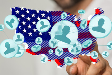 Visual representation of social connections across the United States.  Network, people, USA, map,...