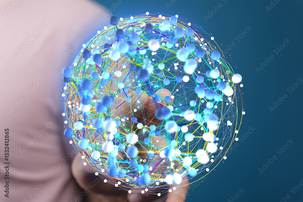 Poster person interacting with a digital global network. represents connection, data, technology.