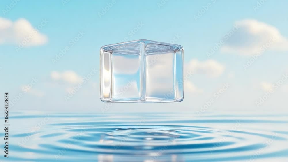 Aufkleber Floating Ice Cube: A pristine, translucent ice cube levitates above a tranquil water surface, reflecting the soft blue sky and fluffy clouds in a moment of cool, refreshing simplicity.