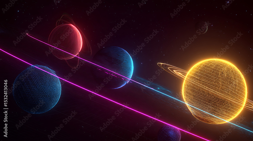 Poster led neon color planet 3d rendering