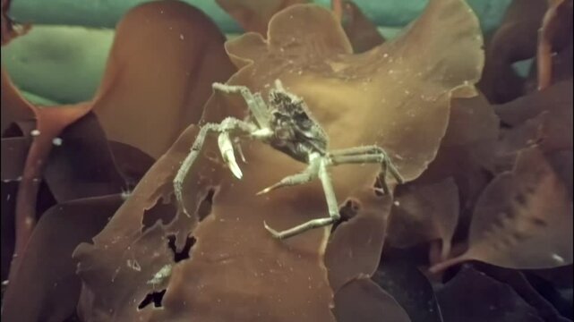 In the icy depths of the White Sea, spider crabs navigate rocky terrains amid diverse marine life. Discover their fascinating search for food in this serene yet vibrant undersea habitat.