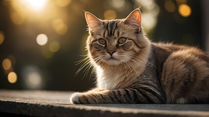 Cat resting peacefully in golden sunlight with a blurred natural background during the evening hours Generative AI