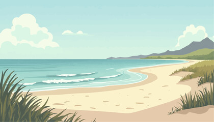 Sandy Beach with Waves and Clouds Landscape