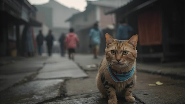 Curious cat watches passerby in an old town street during a foggy morning Generative AI