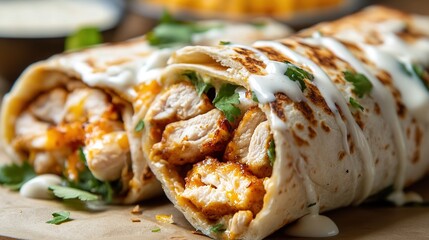 Close-up of a grilled chicken wrap drizzled with creamy sauce, filled with fresh herbs and served on parchment paper.