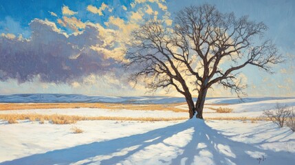 Majestic Lone Tree Standing Amidst Snowy Winter Landscape Beneath Dramatic Cloudy Sky with Rays of Sunshine and Open Fields in the Background