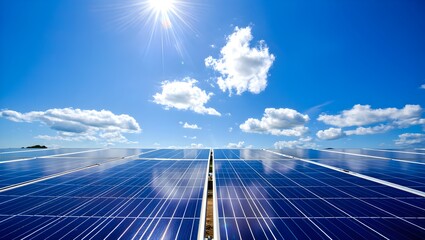 solar panels under a bright sun and a blue sky with white clouds in summer season