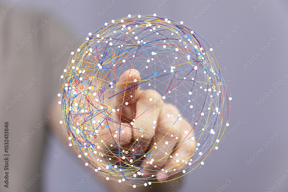 Aufkleber hand interacting with a digital globe, representing global network and connectivity.