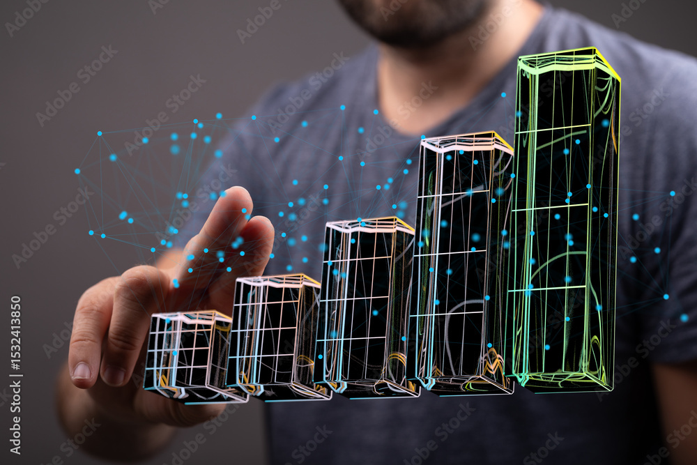 Poster hand interacting with a 3d bar chart showing upward growth. ideal for business, finance, and technol