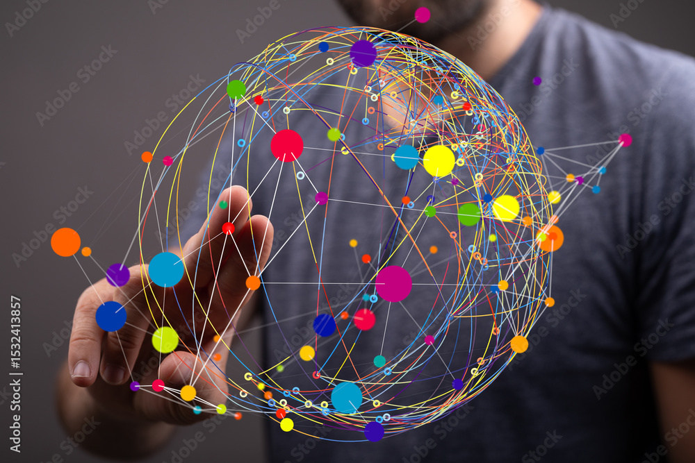 Aufkleber Abstract image of a person interacting with a colorful, interconnected data sphere, representing global networking.