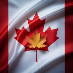 Glorious full-frame portrait of the Canadian flag, featuring a vibrant real maple leaf delicately placed upon its iconic red and white fabric, symbolizing national unity and nature.