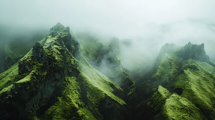 Mist shrouds jagged, moss-covered mountain peaks, creating an ethereal and mysterious landscape of lush green ridges and deep valleys.