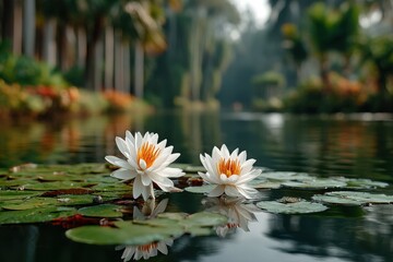 Water lilies bloom gracefully on a serene pond surrounded by lush greenery in a tranquil garden during the early morning