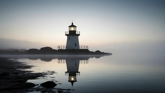 Misty lighthouse standing tall by the calm water during dawn, reflecting its light in a serene and tranquil atmosphere Generative AI