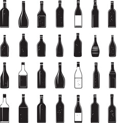 Wine Bottle Vector Set, Black Silhouettes, Isolated on White.