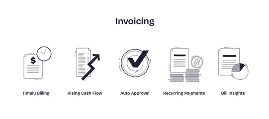 Invoicing features are illustrated with icons of bills, check marks, and coins, representing billing, approval, and payments, transparent background. Doodle style icons