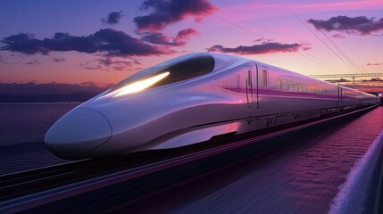 Naklejka premium High-Speed Train Racing Along Tracks at Sunset with Colorful Sky and Dramatic Clouds in the Background
