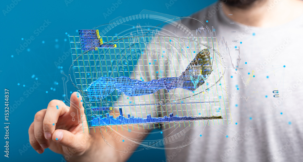 Poster A person interacts with a futuristic holographic display showing charts and graphs, representing data analysis and technology.