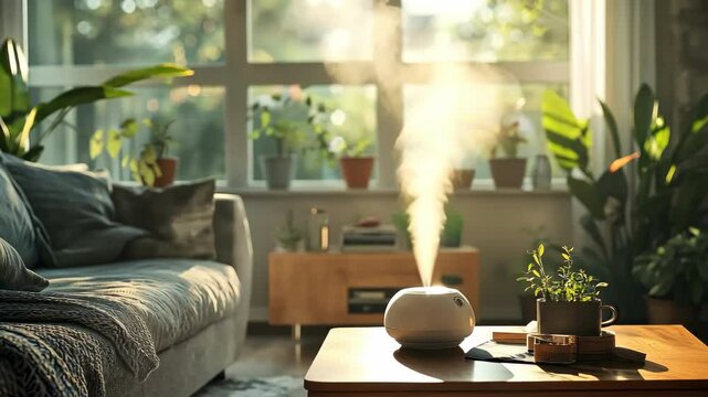 Aroma diffuser emitting steam on wooden table, in a sunlit living room with plants.  Wellness and aromatherapy concept for healthy lifestyle.