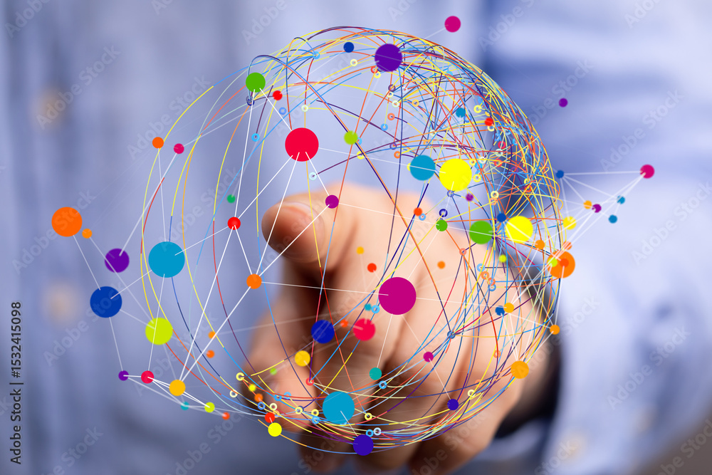 Poster Abstract image of a hand interacting with a colorful global network.  Ideal for technology, connection, and data concepts.