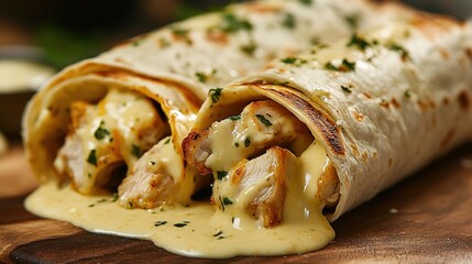 Two creamy chicken-filled wraps garnished with herbs, served on a wooden board.
