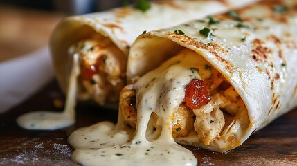 Two creamy chicken wraps with melted cheese and herbs, served on a wooden board.