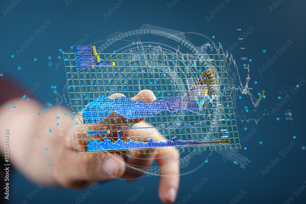 Poster stock photo of hand interacting with a 3d digital graph, perfect for business, technology, and data 