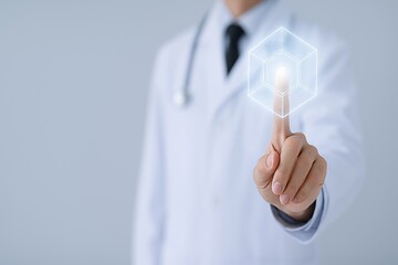 A conceptual image of a doctor wearing a white coat and tie, with a stethoscope around their neck, interacting with a glowing digital cube hologram. The doctor's finger is extended, appearing to touch