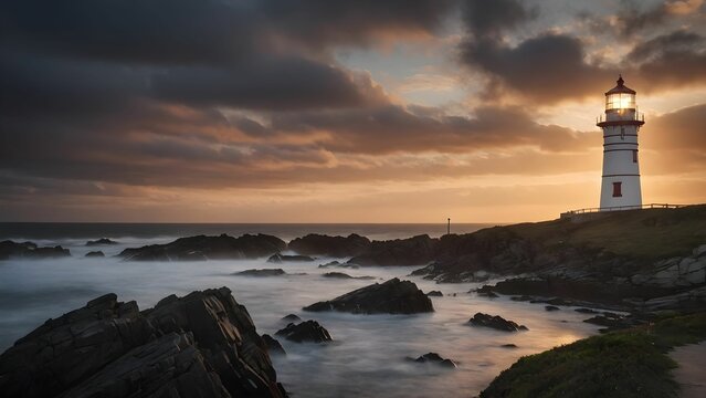 Majestic lighthouse shines brightly at sunset with waves crashing against rocky shore in coastal location Generative AI