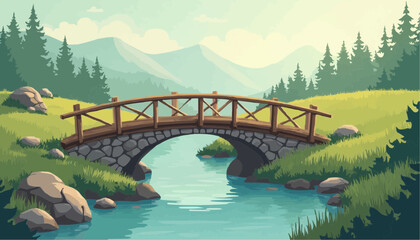 Stone bridge crossing river in mountain landscape cartoon illustration
