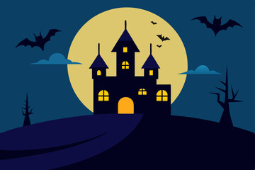 Spooky Halloween Castle Silhouette under a Full Moon A Dark Night Illustration