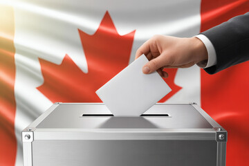 a hand casting a ballot into a sleek, silver ballot box, set against a backdrop of the gently waving Canadian flag