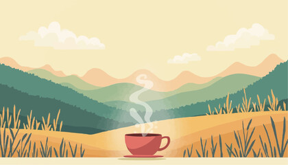 Coffee cup with mountains landscape in nature scenery