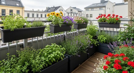 Obraz premium A vibrant city balcony garden, a green oasis with blooming flowers and fresh herbs in modern planter boxes