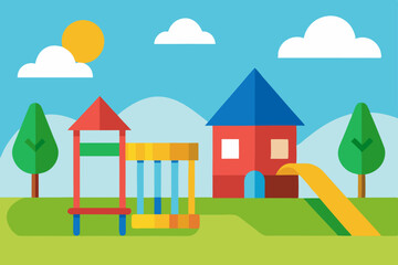 Fototapeta premium Vector illustration of a house in the forest, a cozy home with a summer landscape, trees, and a bright sky