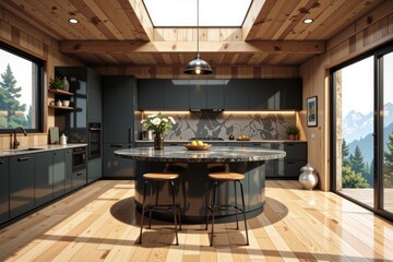 Masculine kitchen design featuring modern, minimalist style with round black island, marble countertop, dark wood accents. Concept of masculine kitchen design emphasizes sleek, open interior.