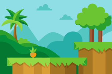Fototapeta premium Vibrant Tropical Game Background Lush Green Hills, Palm Trees, and Platforms