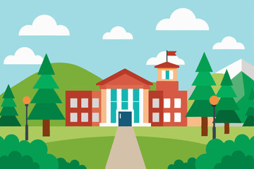 Fototapeta premium Serene Campus Picturesque College Building Amidst Nature's Embrace