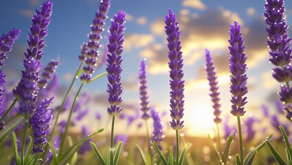 Obraz premium Vibrant purple lavender blooms stretch towards the sky, their delicate petals glistening with dew, set against a warm, golden background of a hot summer sun